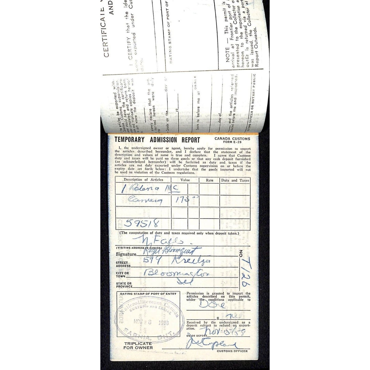 National Revenue Canada 1958 "Temporary Admission Report"