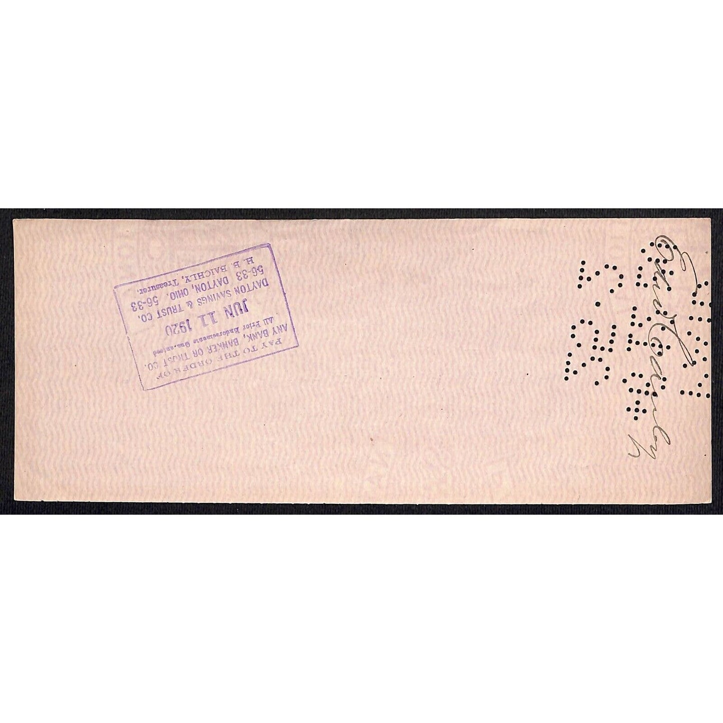 1920 Columbus & Xenia Railroad Bank Check Ohio #383 Gold Colored Ink