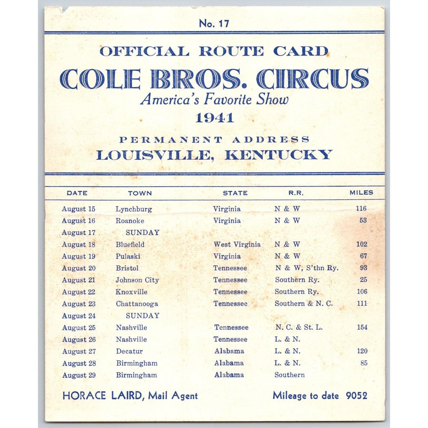 1941 Cole Bros Circus Route Card West Virginia Tennessee Alabama