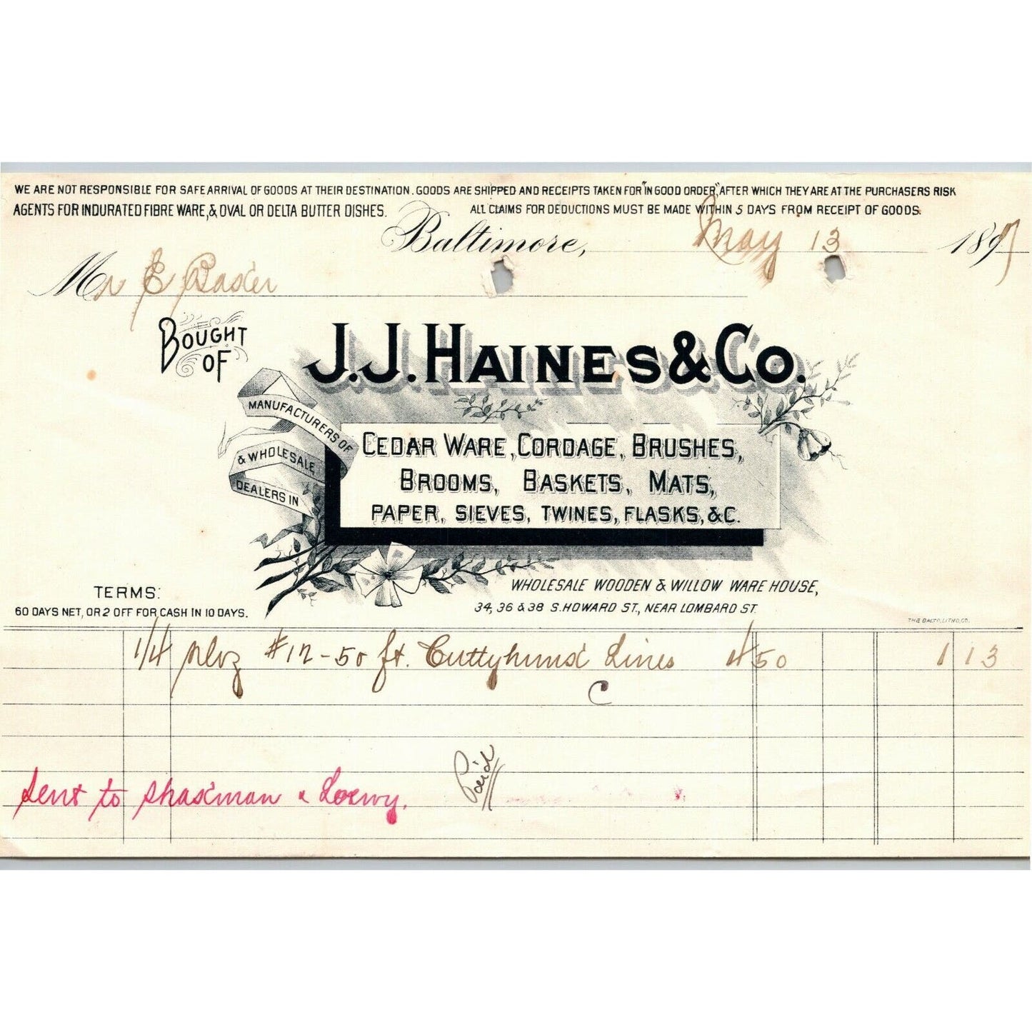 1897 Letterhead Billhead J.J. Haines Paper Twines Baltimore Ephraim Baker*