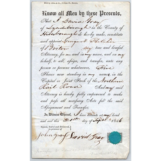 1846 Boston MA Power of Attorney re: Northern Railroad Stock David Gray