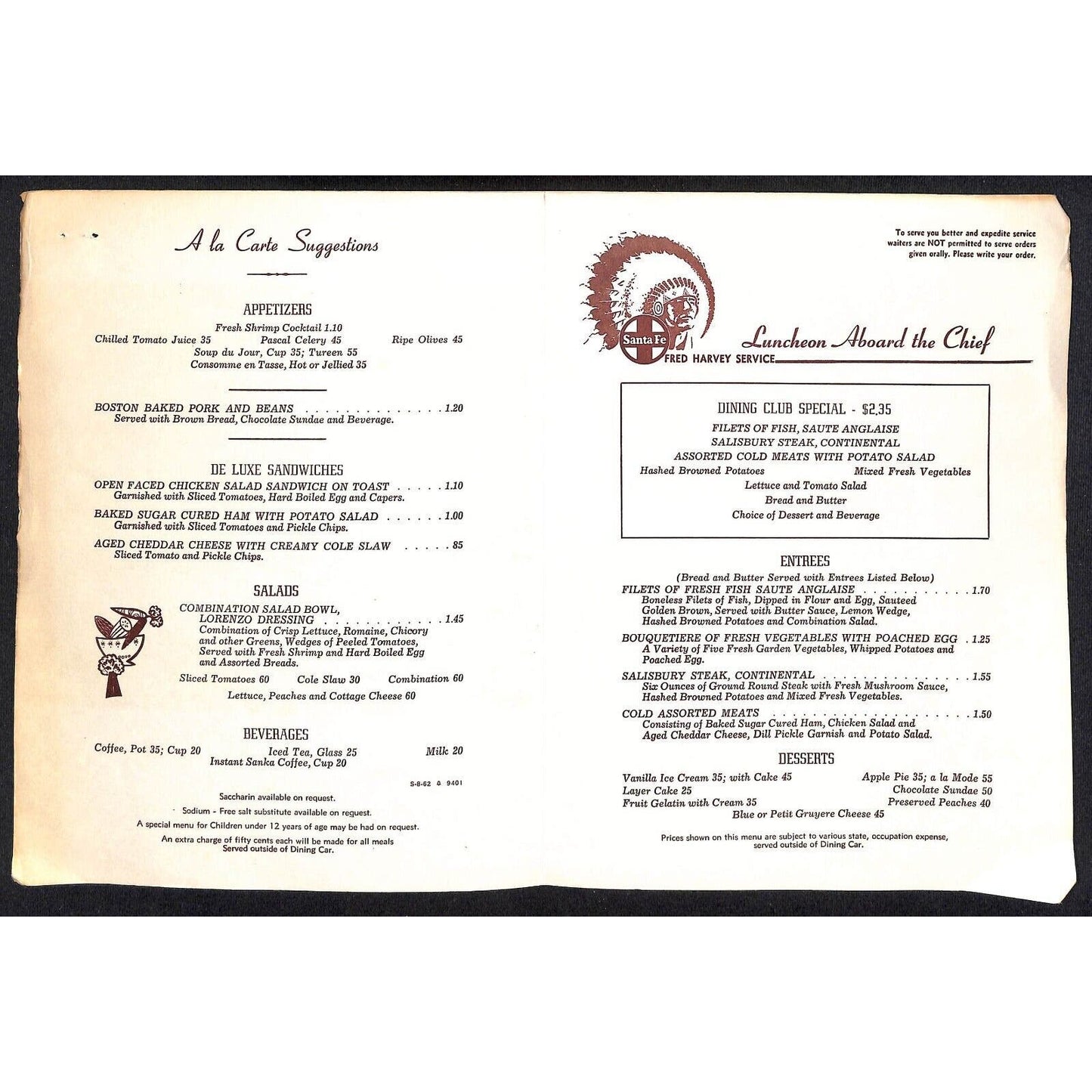 c1962 Santa Fe Railroad Luncheon Menu "Autumn Aspens"