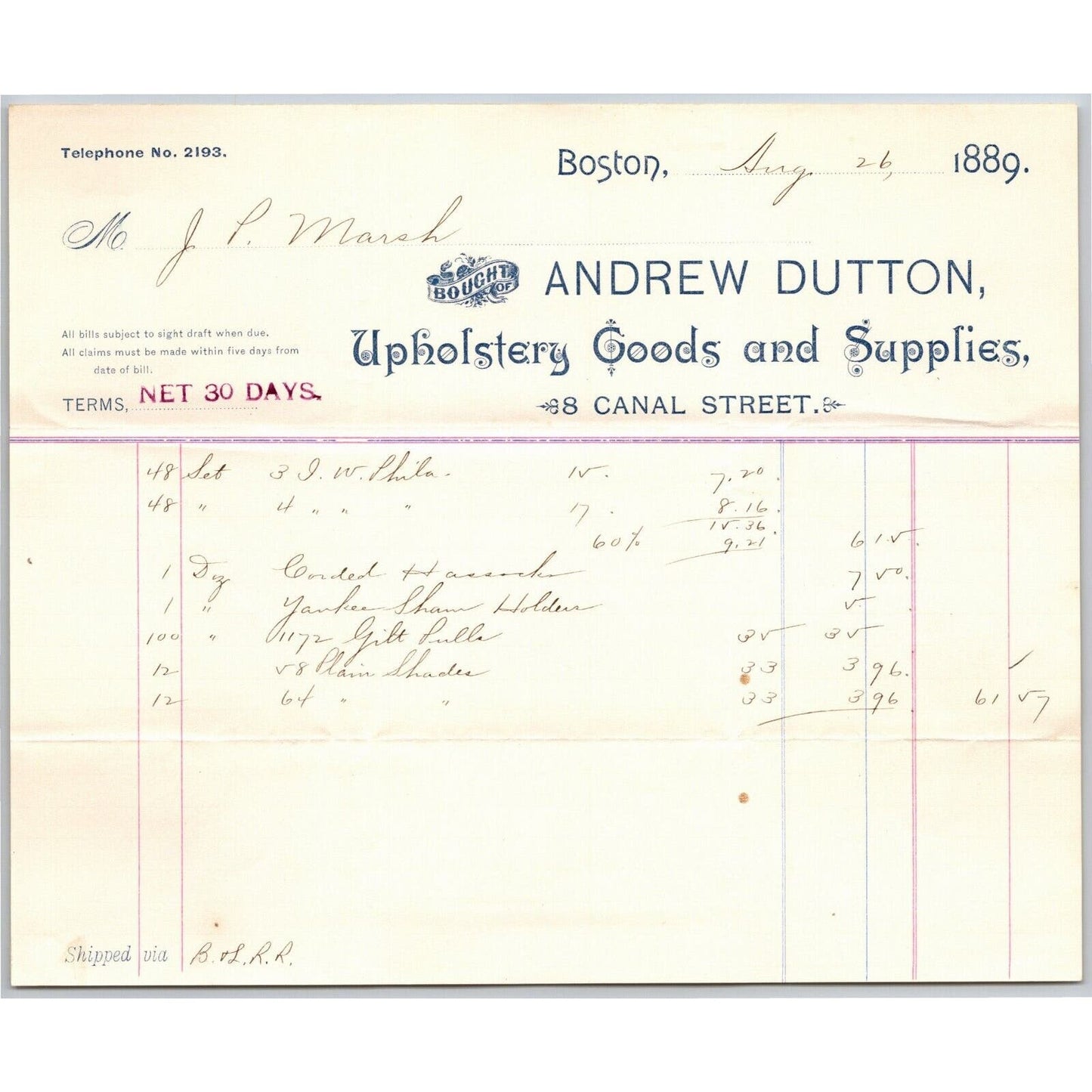 Boston, MA Andrew Dutton Upholstery Goods 1889 Billhead JP Marsh Bethel, VT