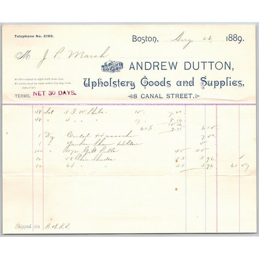 Boston, MA Andrew Dutton Upholstery Goods 1889 Billhead JP Marsh Bethel, VT