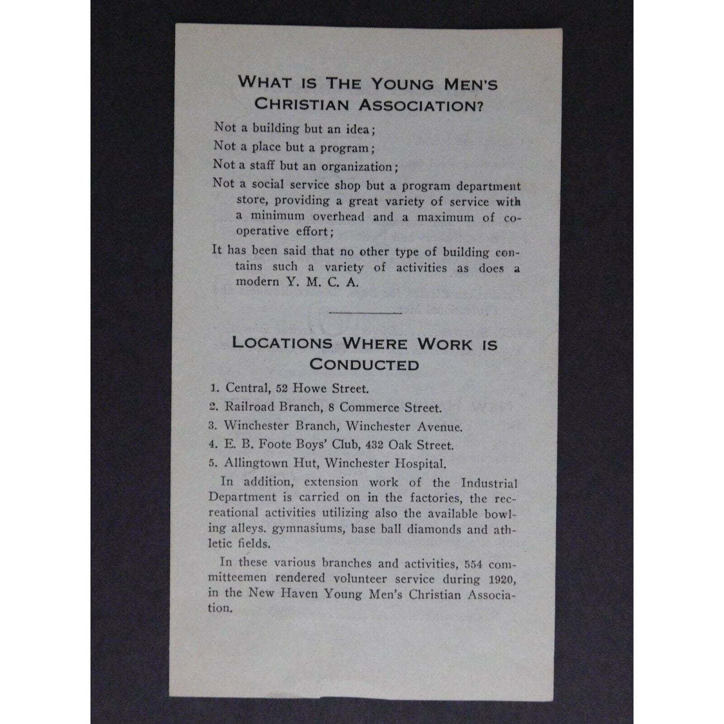 Vintage Small c1940's New Haven, CT YMCA Handout / Flyer