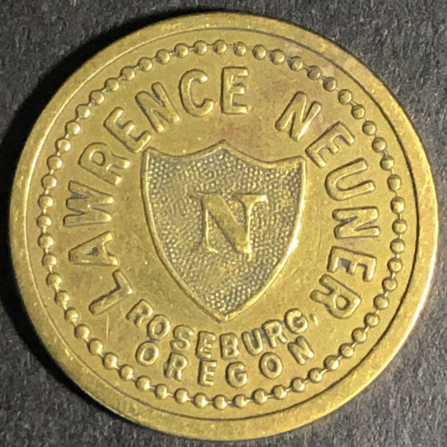 Lawrence Neuner Roseburg, ORE Cigar Store Brass G/F 5c Trade Token 21.11mm c1925
