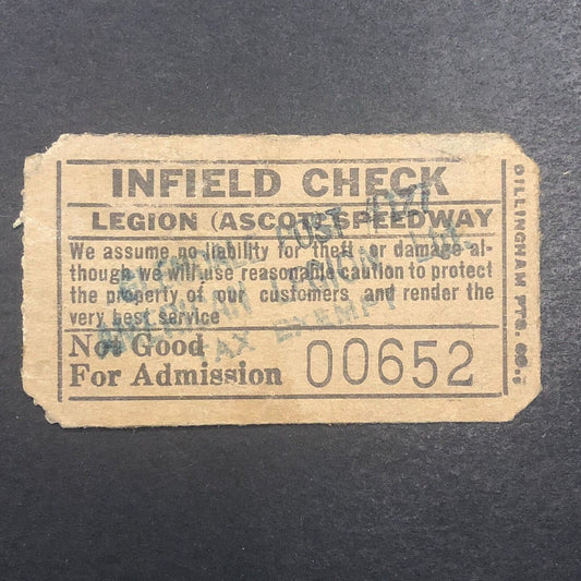 Auto Racing Legion Ascot Speedway (1924 - 1936) Rain Check Ticket #652