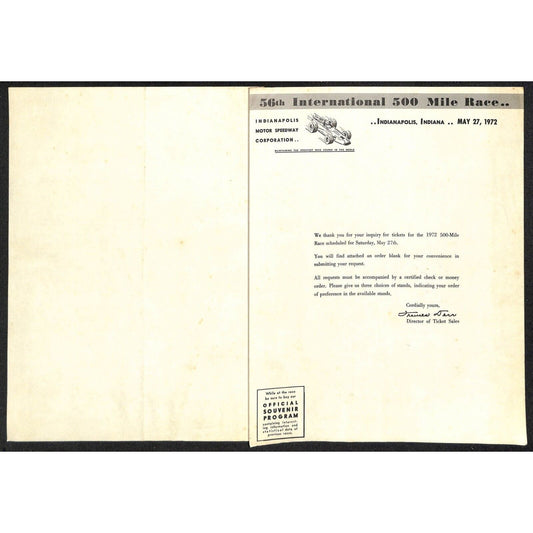 1972 Indy 500 Indianapolis IMS Unused Ticket Info Order Form Sheet w/ Map Scarce