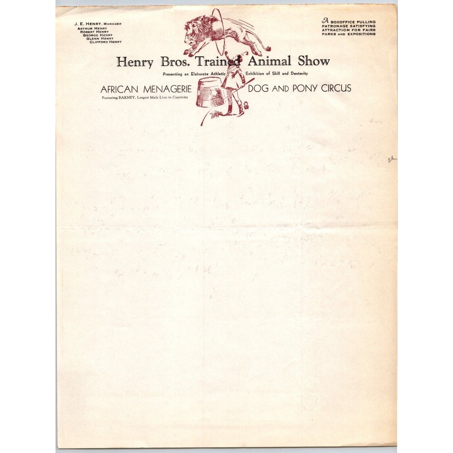 Henry Bros. Trained Animal Show Circus Letterhead c1939 Ringmaster Very Scarce