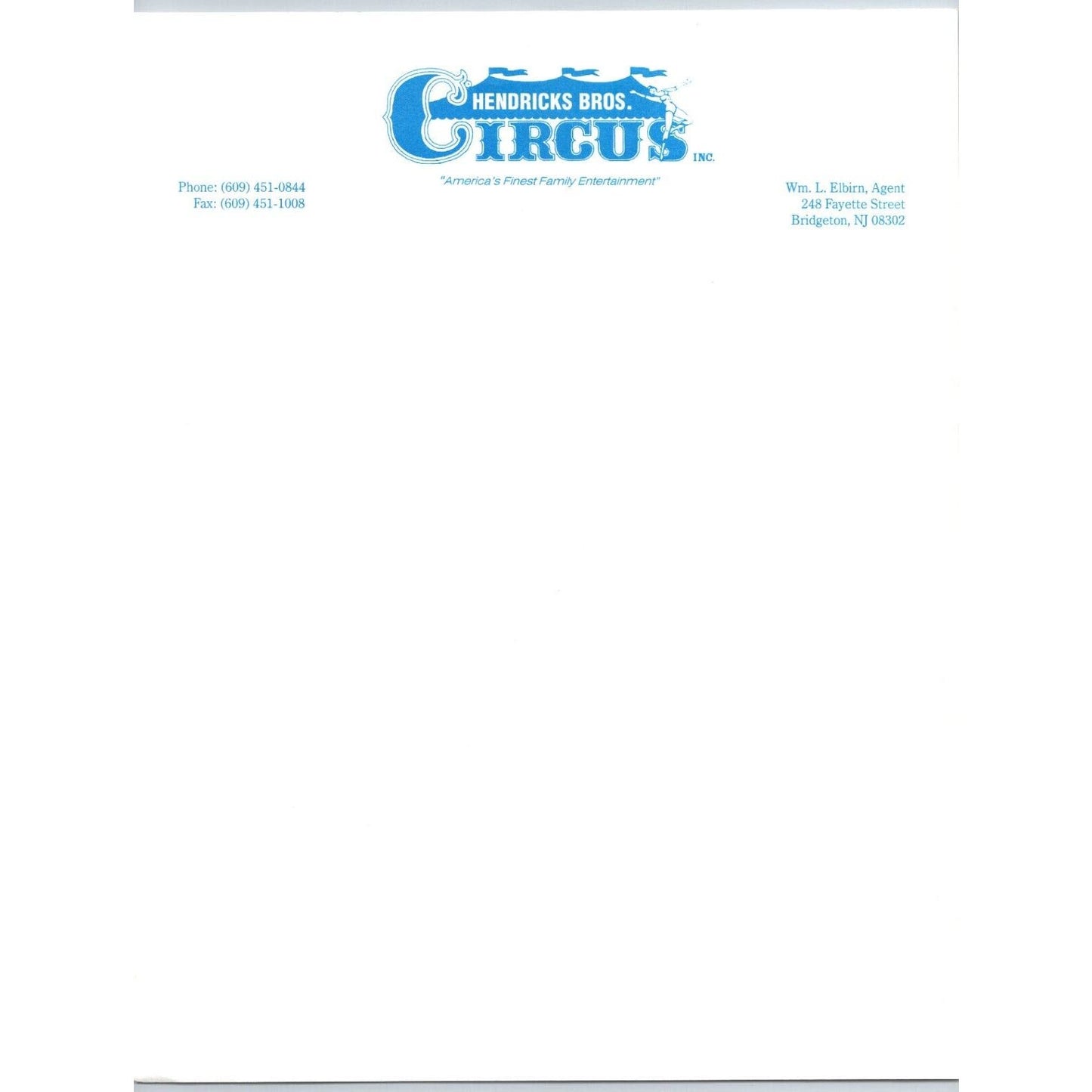 Hendricks Bros. Circus Letterhead c1999 Big Top Bridgeton, NJ