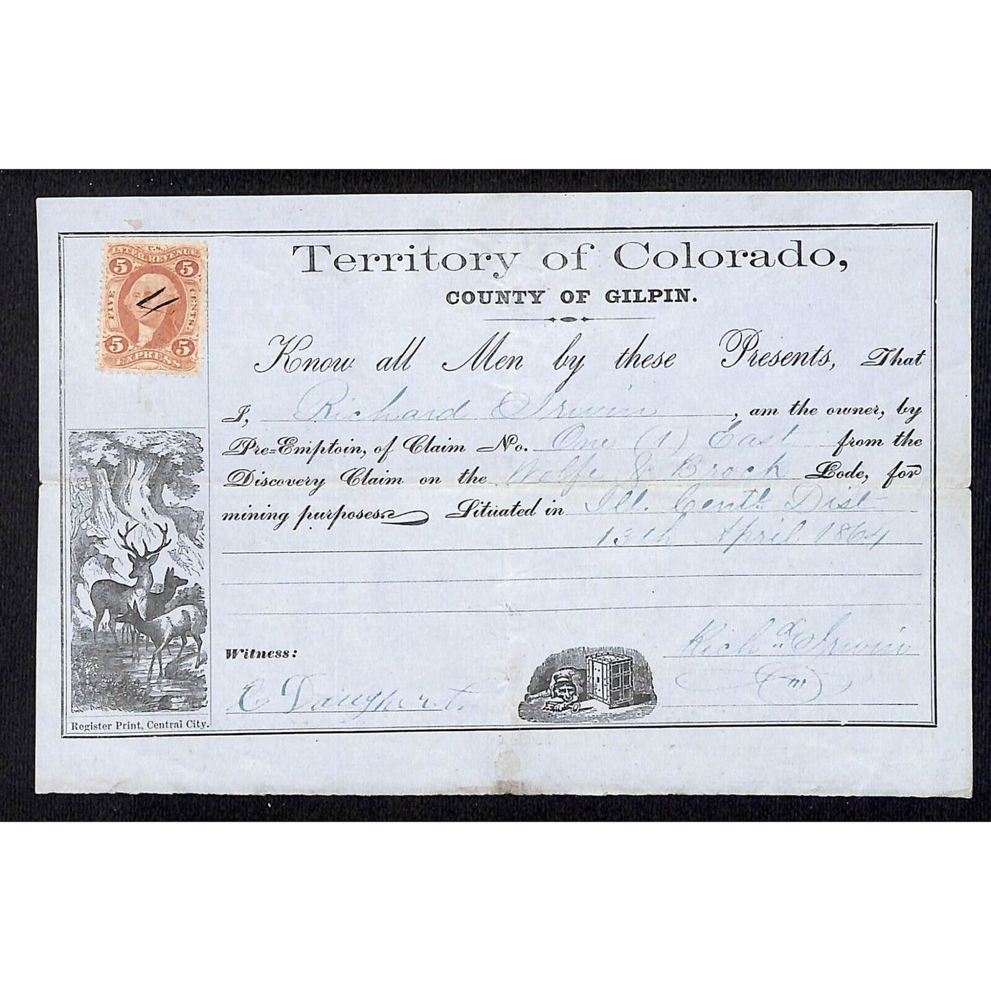 Territory of Colorado Gilpin 1864 Wolfe & Brock Lode Discovery Claim Certificate