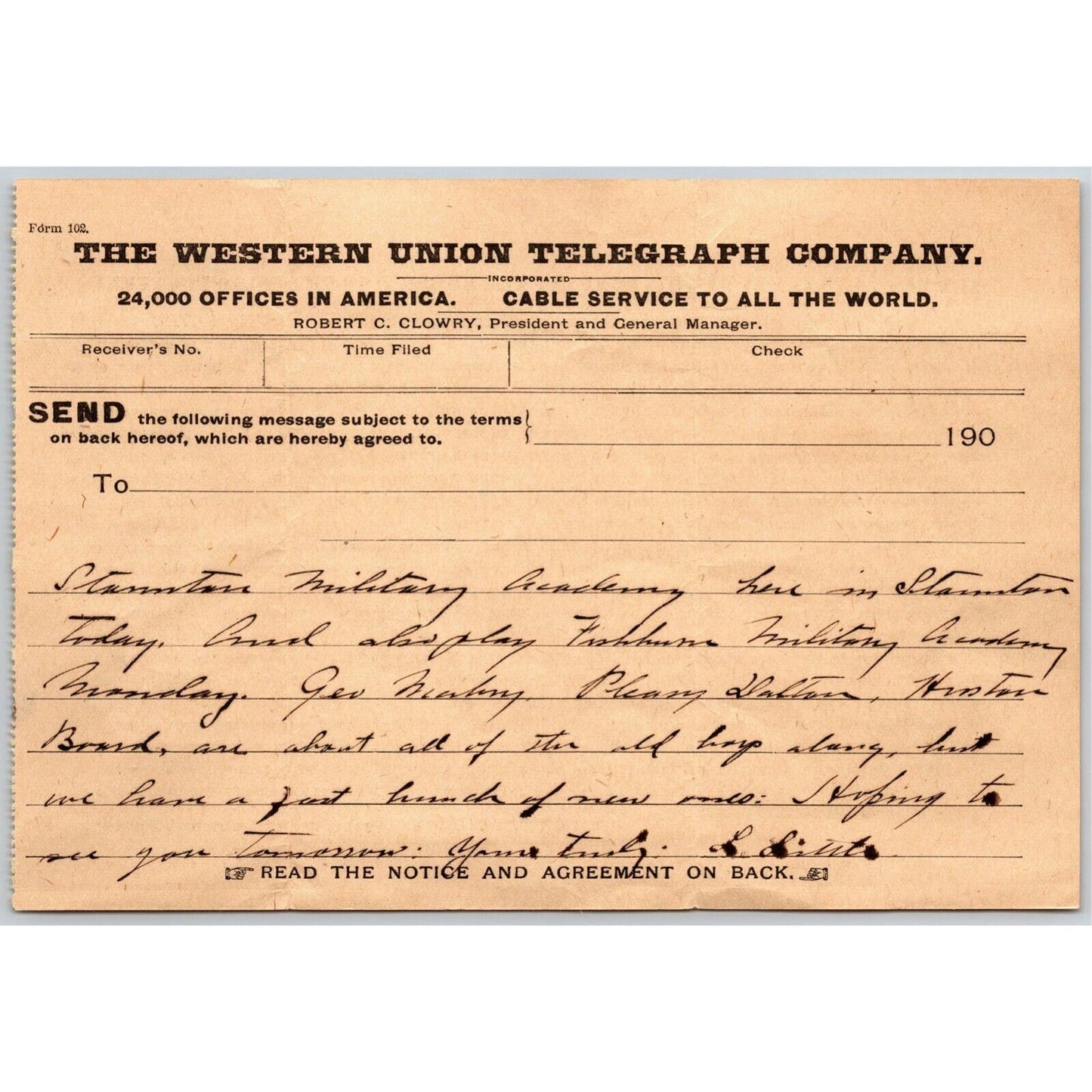 190? Western Union Telegraph re: Staunton Military Academy Virginia