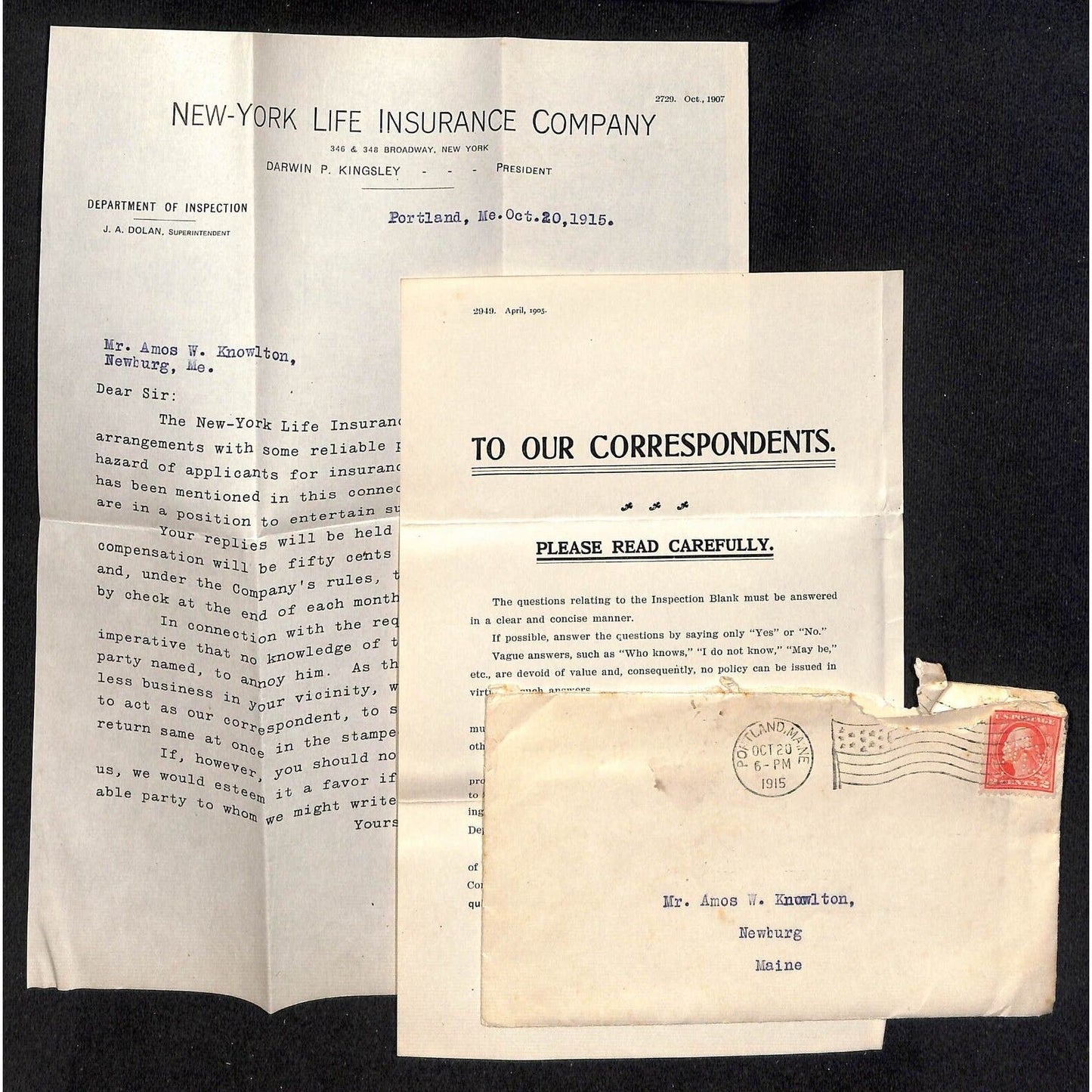 Newburgh, ME Amos W. Knowlton* 1915 New York Life Insurance Co. Letterhead ++