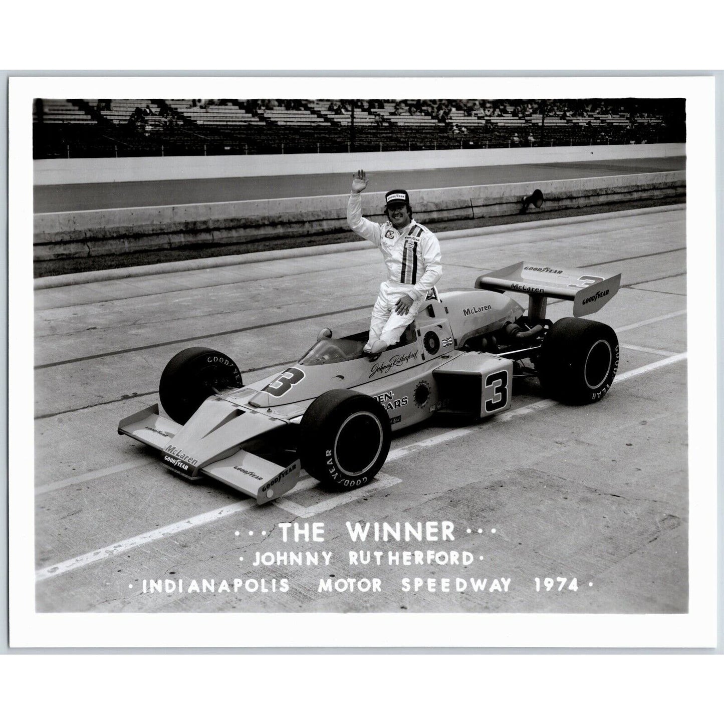 Johnny Rutherford Indy 500 Winner 1974 8 x 10 Glossy B&W Photograph VGC Stamped
