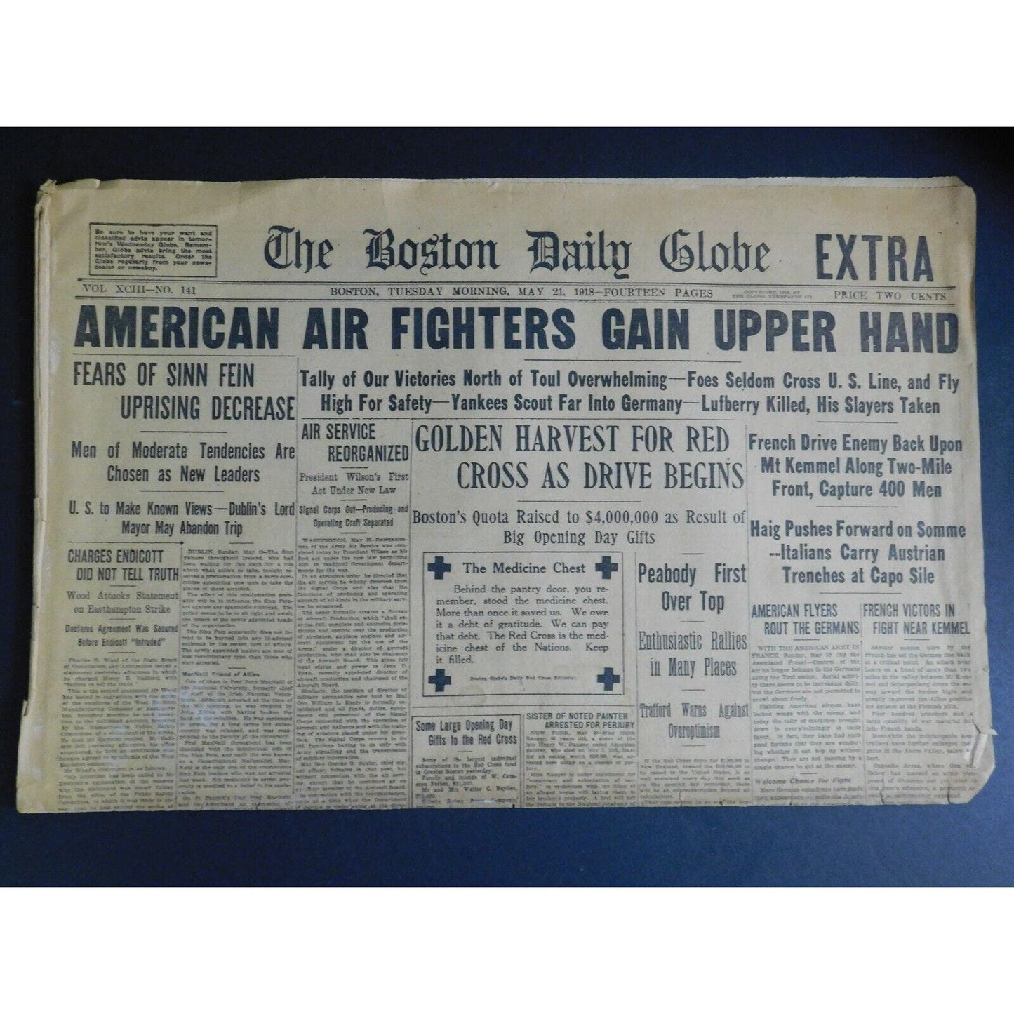 WWI Era Newspaper - Boston Daily Globe - May 21 1918 - 4 pgs.