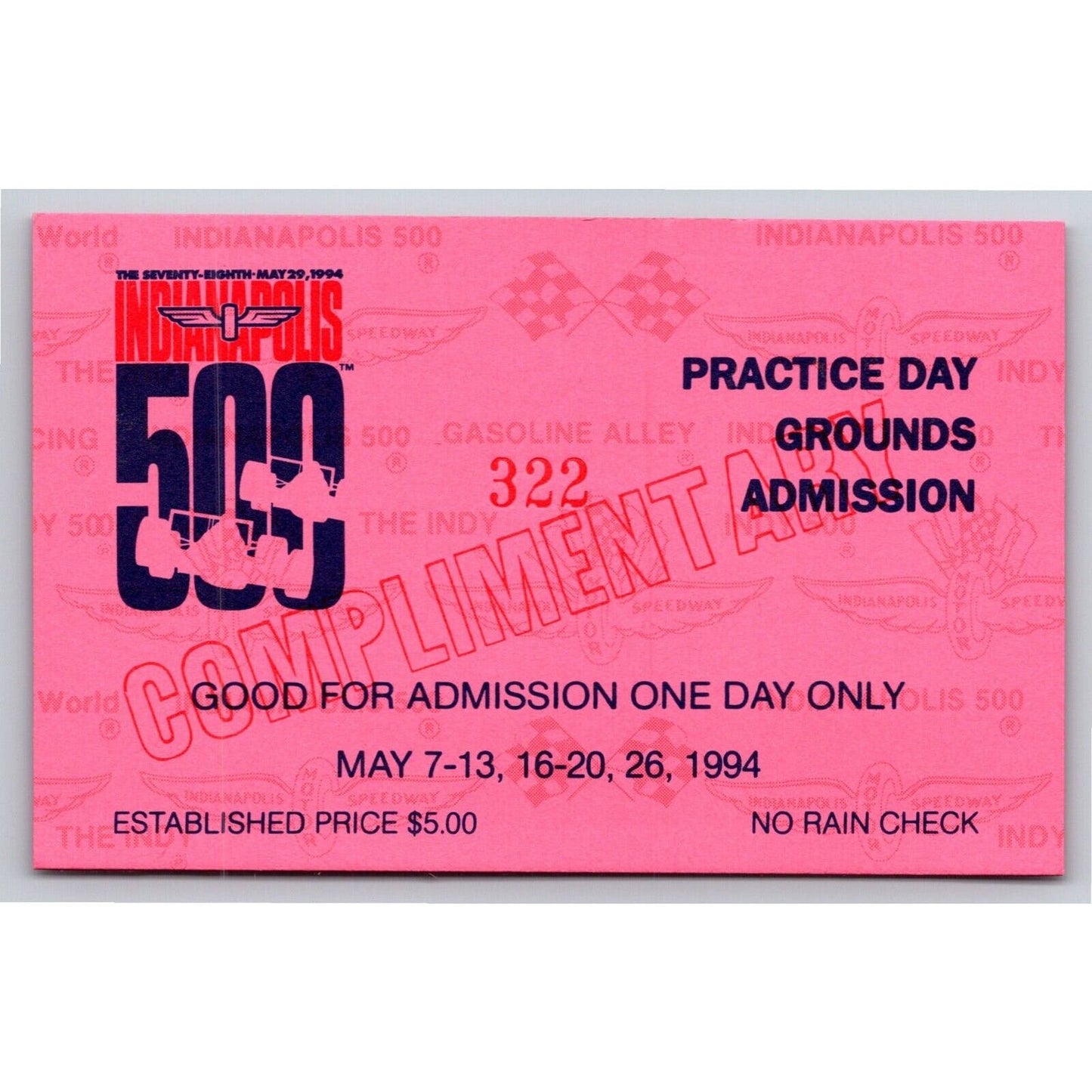 1994 Indy 500 Practice Day Admission Comp Ticket Pass Card Indianapolis IMS #322