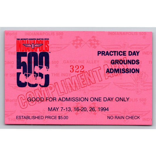 1994 Indy 500 Practice Day Admission Comp Ticket Pass Card Indianapolis IMS #322