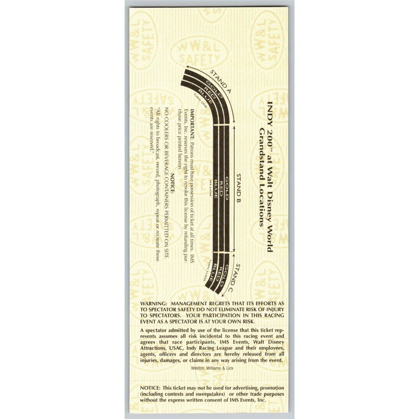 1997 Indy 200 Walt Disney World Thursday 1/23 Practice Unused Ticket - Seat 10