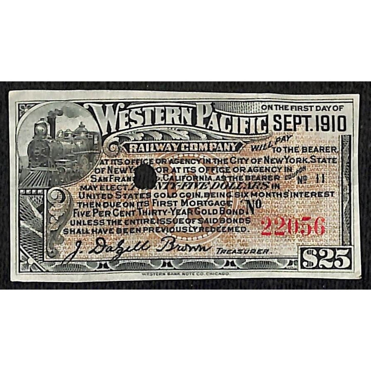 1880-1910 Western Pacific Railway Small 30 Year 5% Gold Bond Certificate Coupon