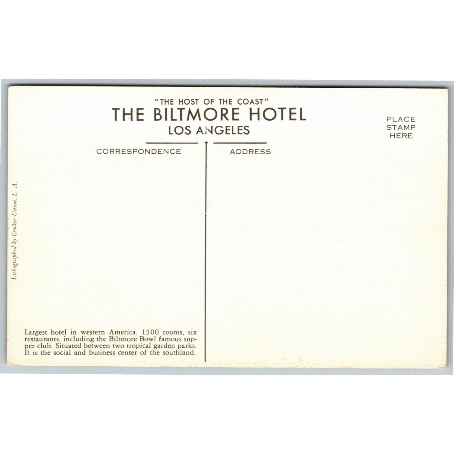 Los Angeles Biltmore Hotel Linen Postcard - c1930's-40's NP VGC