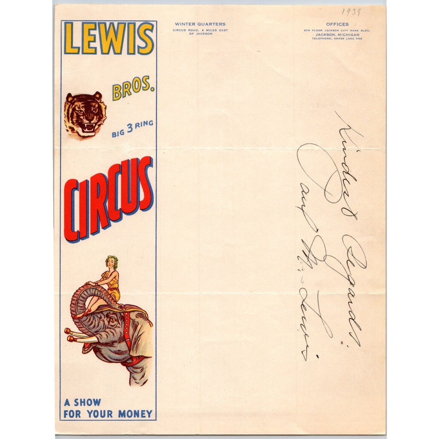 Lewis Bros. Big 3 Ring Circus Letterhead c1939 "A Show for Your Money" Signed