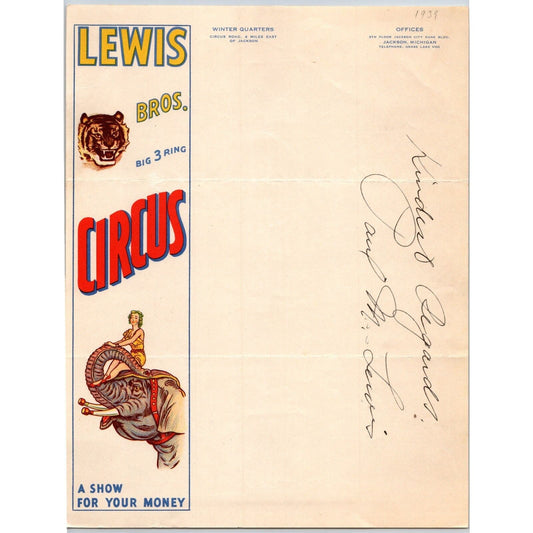 Lewis Bros. Big 3 Ring Circus Letterhead c1939 "A Show for Your Money" Signed