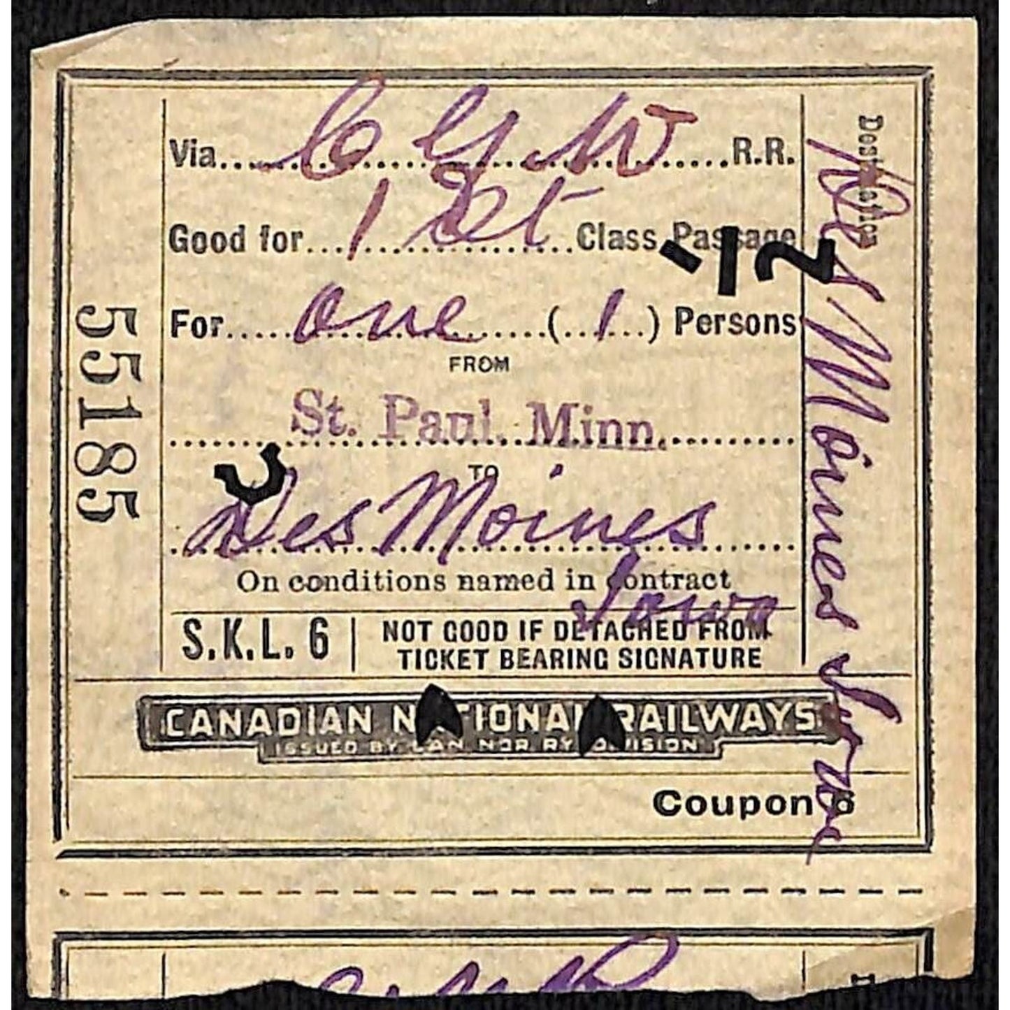 1922 Canadian National Railways Ticket St. Paul Des Moines #55185