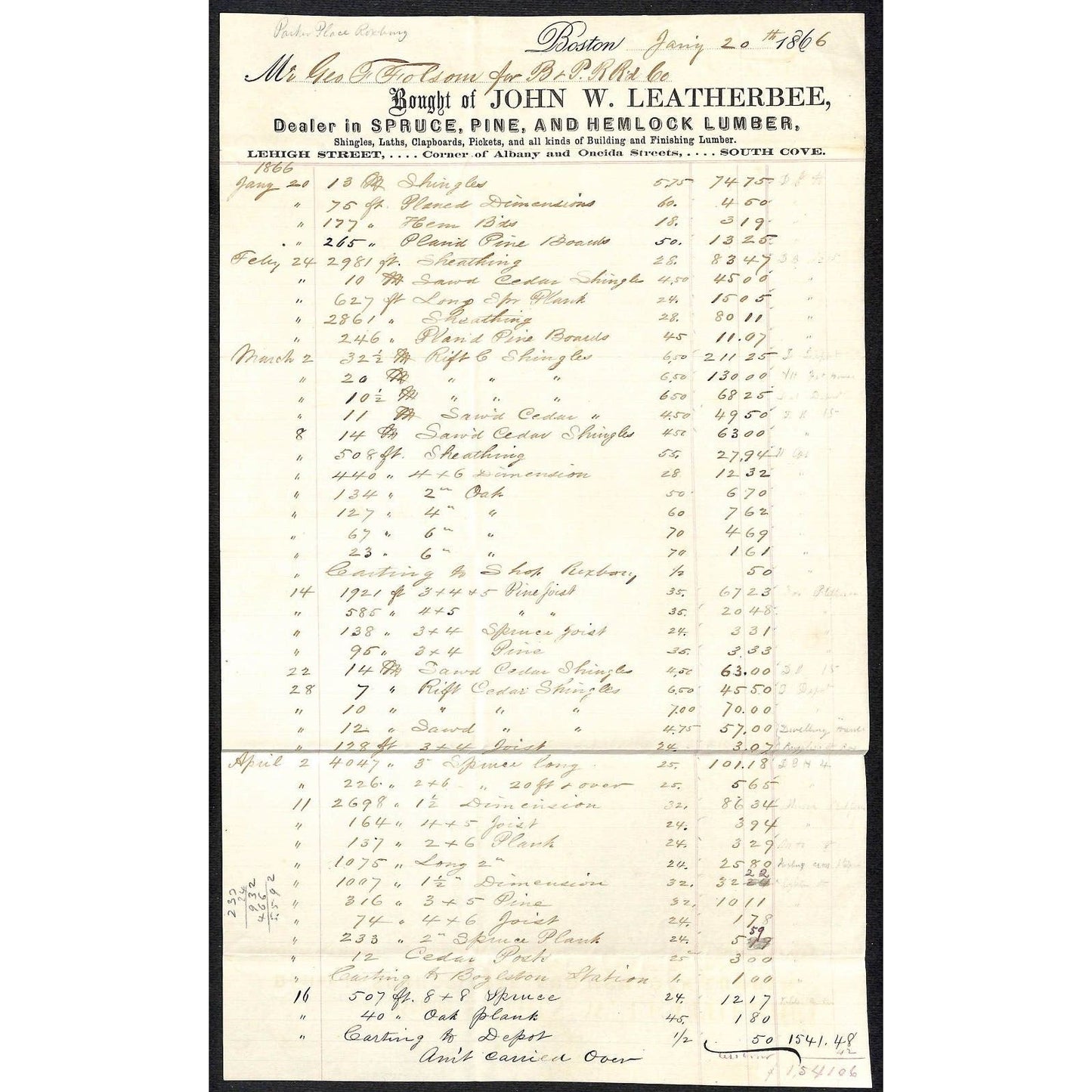 Boston John W. Leatherbee Lumber to B&P R.R. Railroad Letterhead Scarce