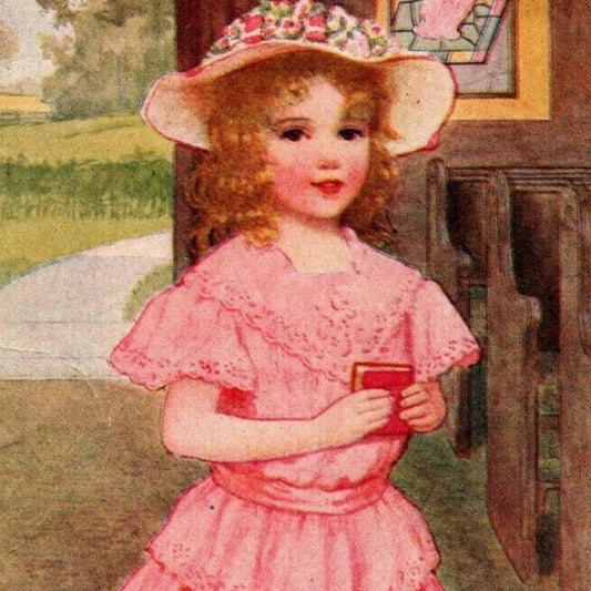 Vintage Postcard c1920's Girl w/ Pink Dress "The Child Born on the Sabbath..."