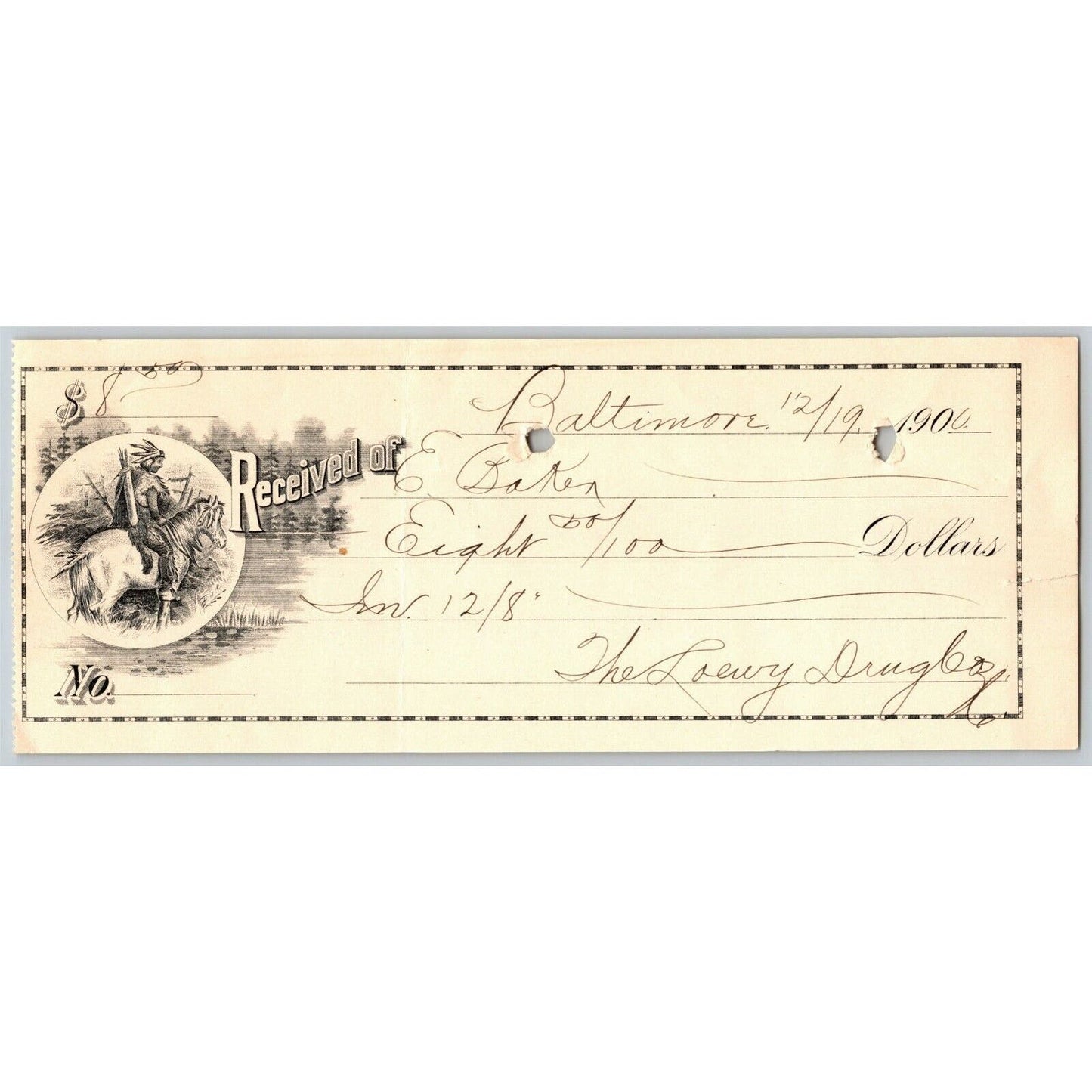 1900 $8.50 Check From Ephraim Baker* to Loewy Drug (Cough Syrup Co. Baltimore)