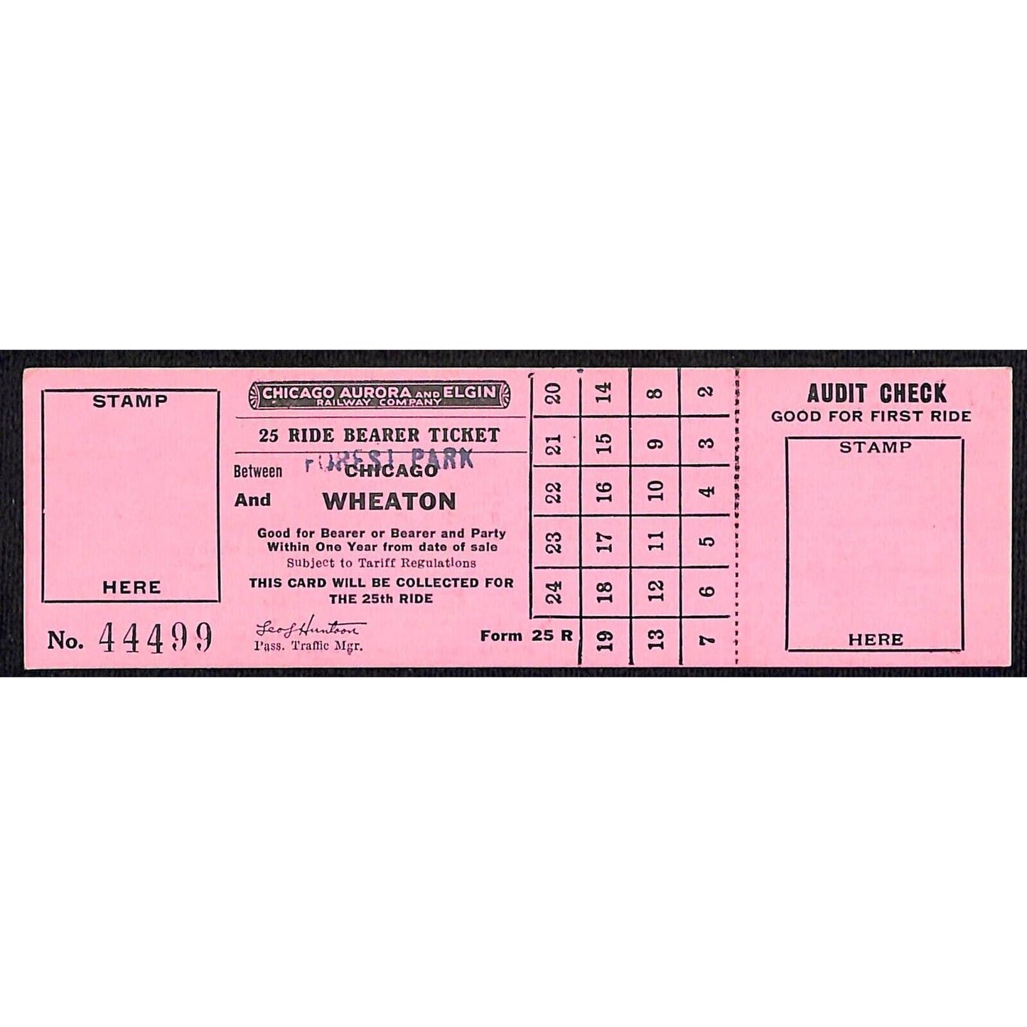 Chicago Aurora and Elgin Railway (1902-57) 25 Ride Ticket Forest Park / Wheaton