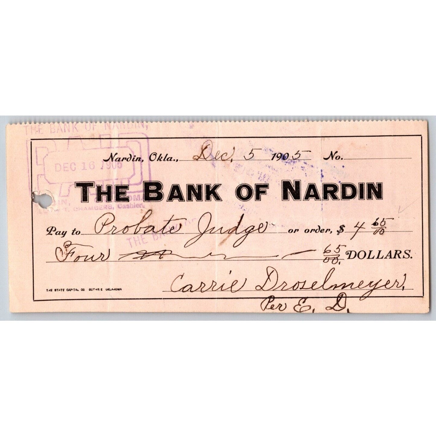 Nardin, Oklahoma Territory 1905 "Bank of Nardin" $4.65 Bank Check