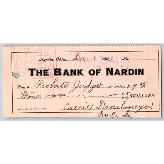 Nardin, Oklahoma Territory 1905 "Bank of Nardin" $4.65 Bank Check