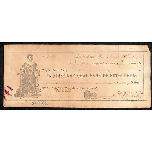 Bethlehem, PA 1876 First National Bank of Bethlehem Check w/ Vignette