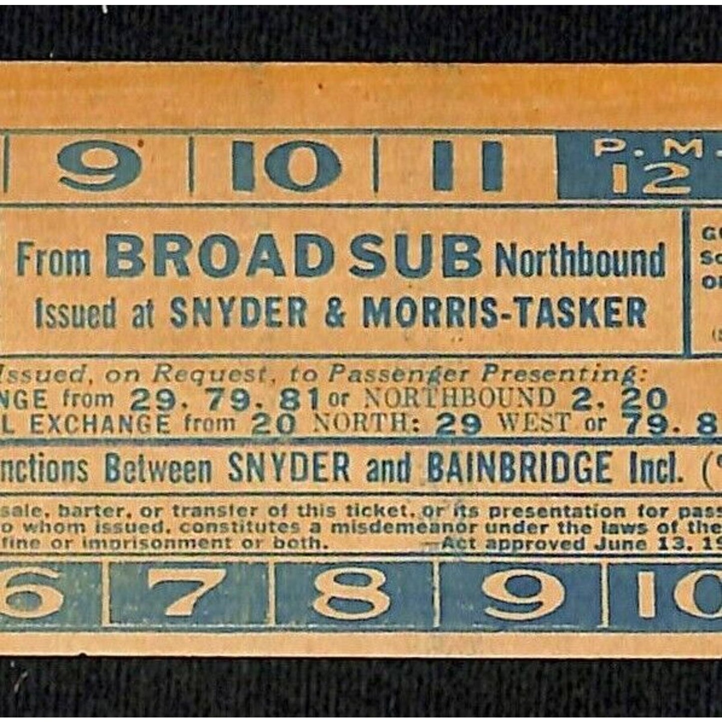 Vintage c1940's-50's Ticket - Philadelphia Transit Co. - Broad Sunway #6000