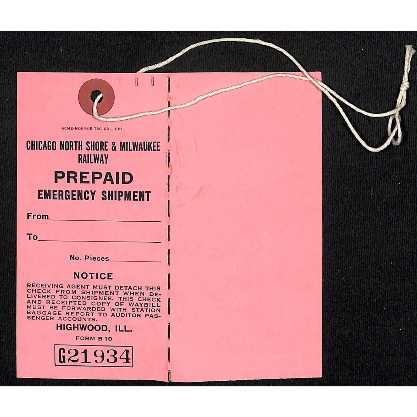Chicago North Shore & Milwaukee Railway Prepaid Emergency Shipment Tag