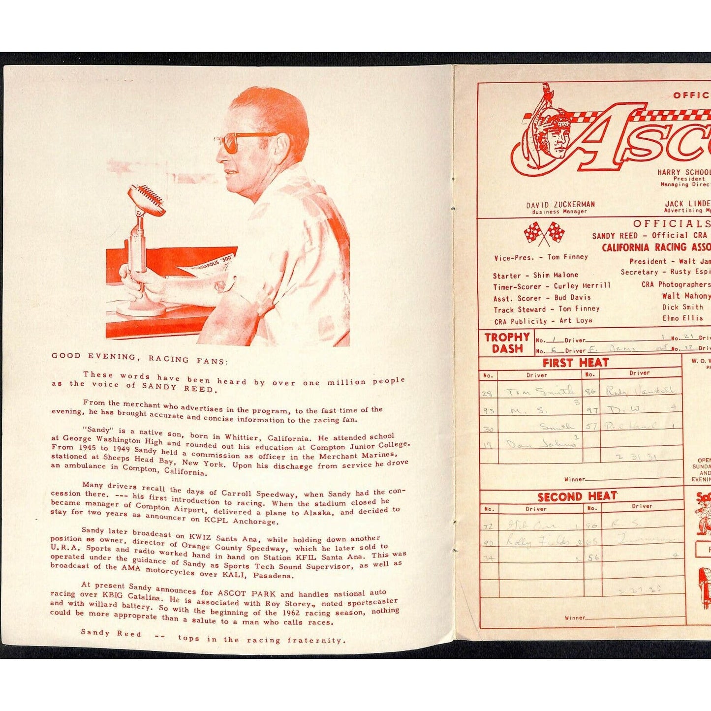 Scarce Jun 23 1962 CRA Big Car Races Auto Racing Program Ascot Park Gardena