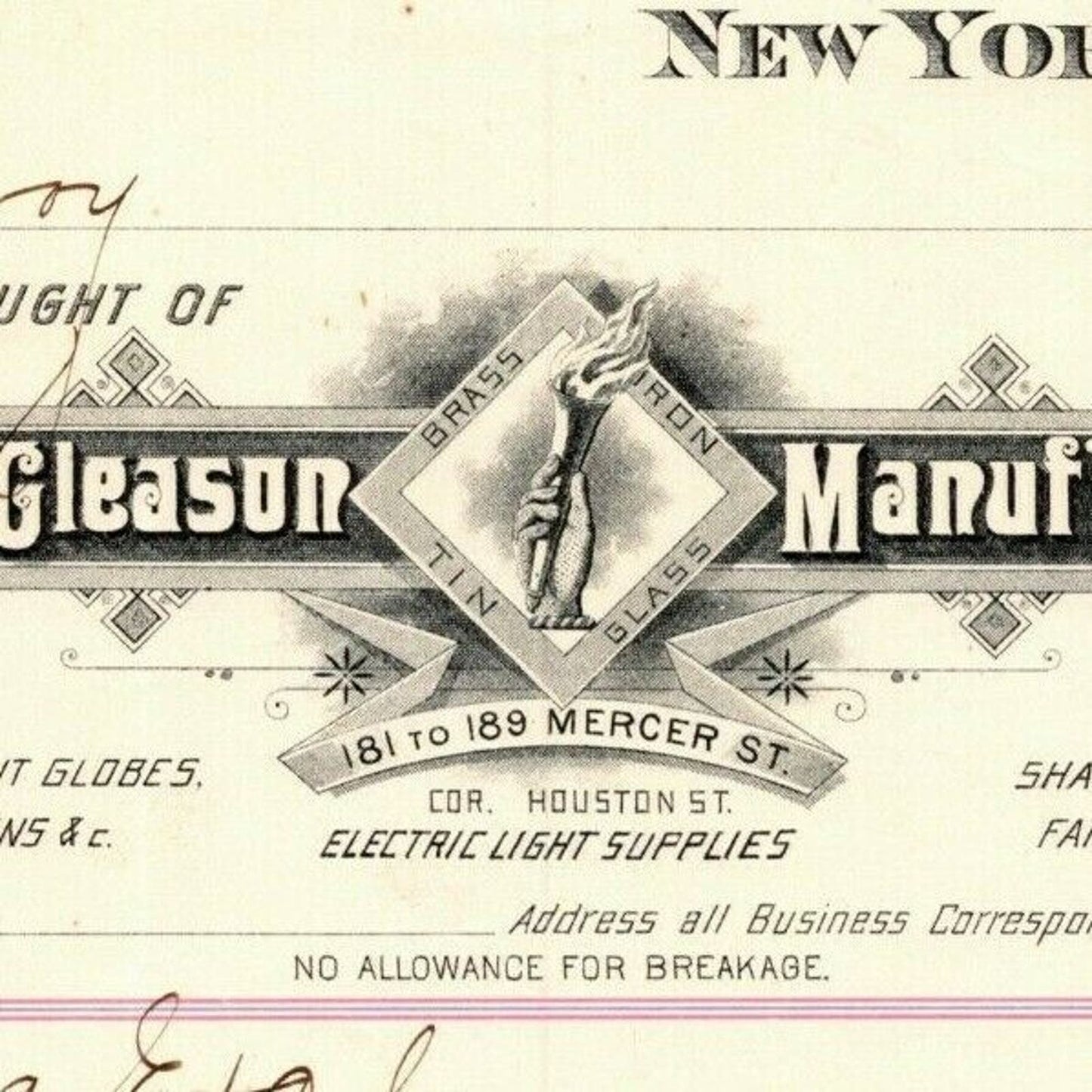 Dec 1887 "E. P. Gleason" Cut Glass Globes Billhead Letterhead Mercer St., NYC