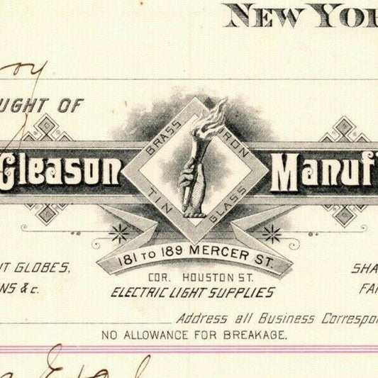 Dec 1887 "E. P. Gleason" Cut Glass Globes Billhead Letterhead Mercer St., NYC