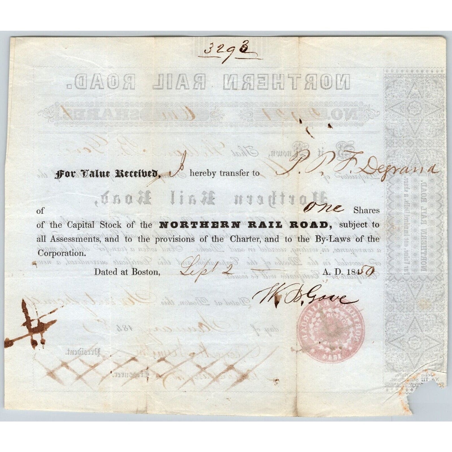 1848 Boston, MA Northern Railroad Stock Certificate No. 2421 for 1 Share