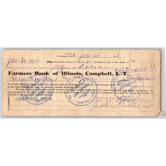 Campbell, Oklahoma 1908 Promissory Note w/ Indian Territory Strike-out Scarce