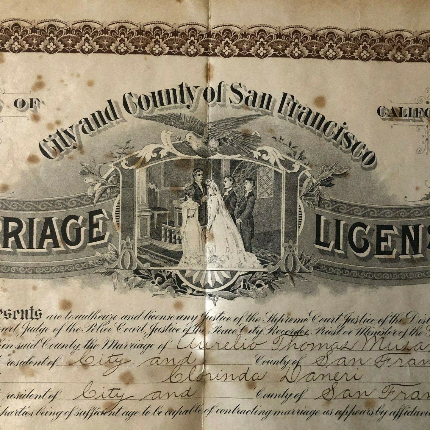 1909 Large San Francisco Marriage License 13 1/2" x 15"