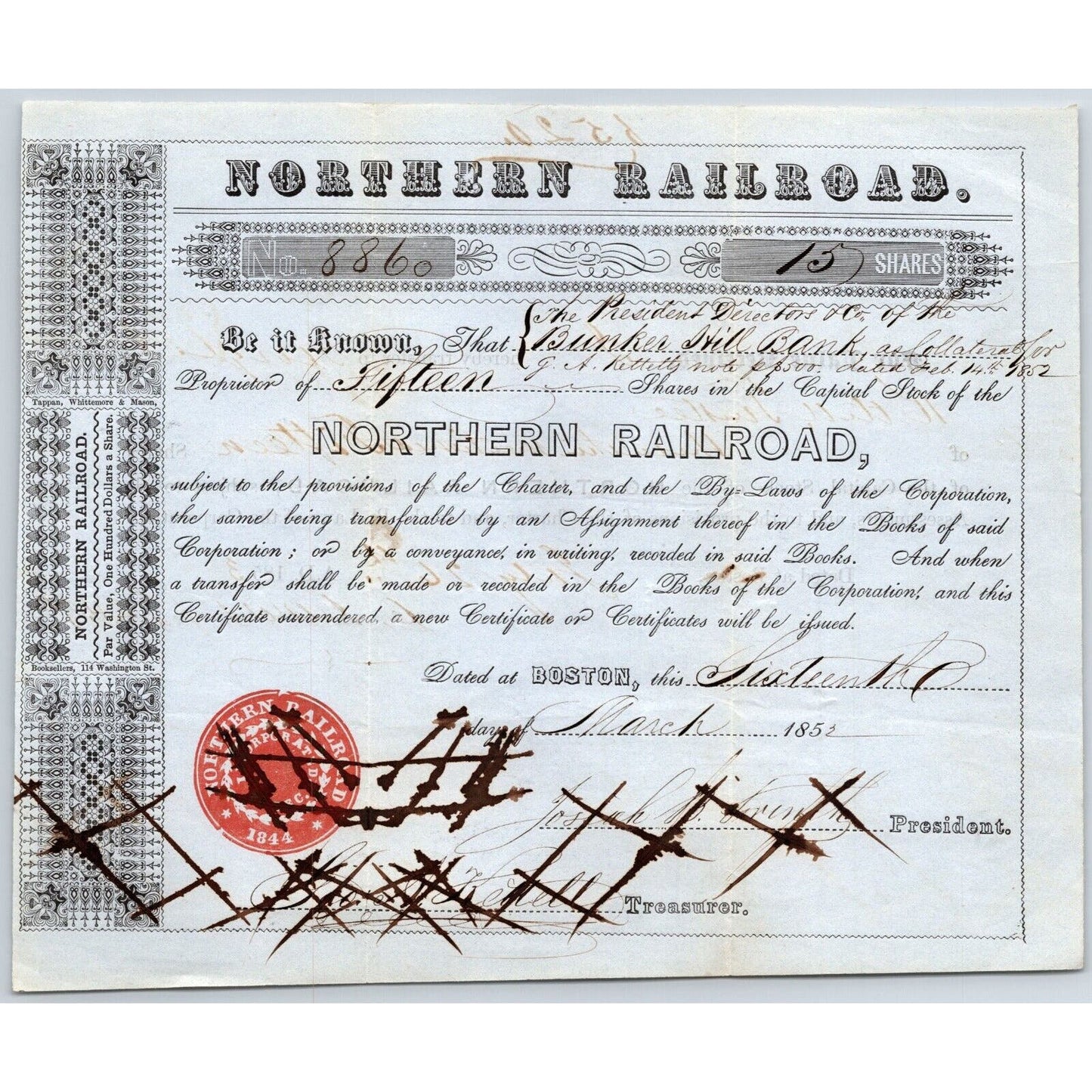 1852 Boston, MA Northern Railroad Stock Certificate No. 8860 for 15 Shares