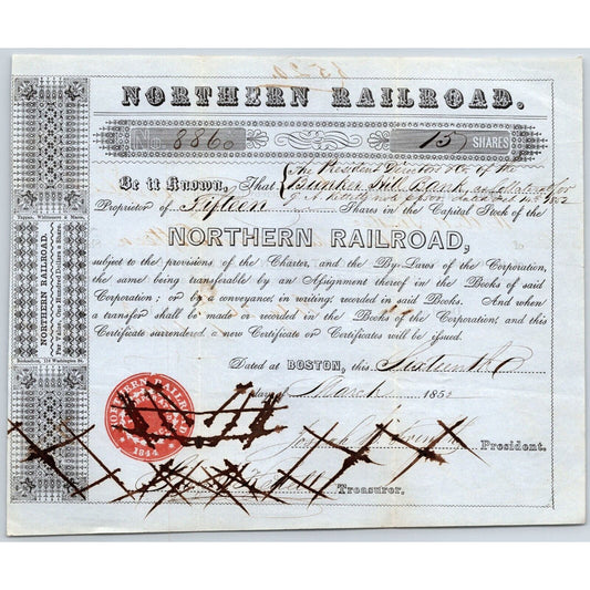 1852 Boston, MA Northern Railroad Stock Certificate No. 8860 for 15 Shares