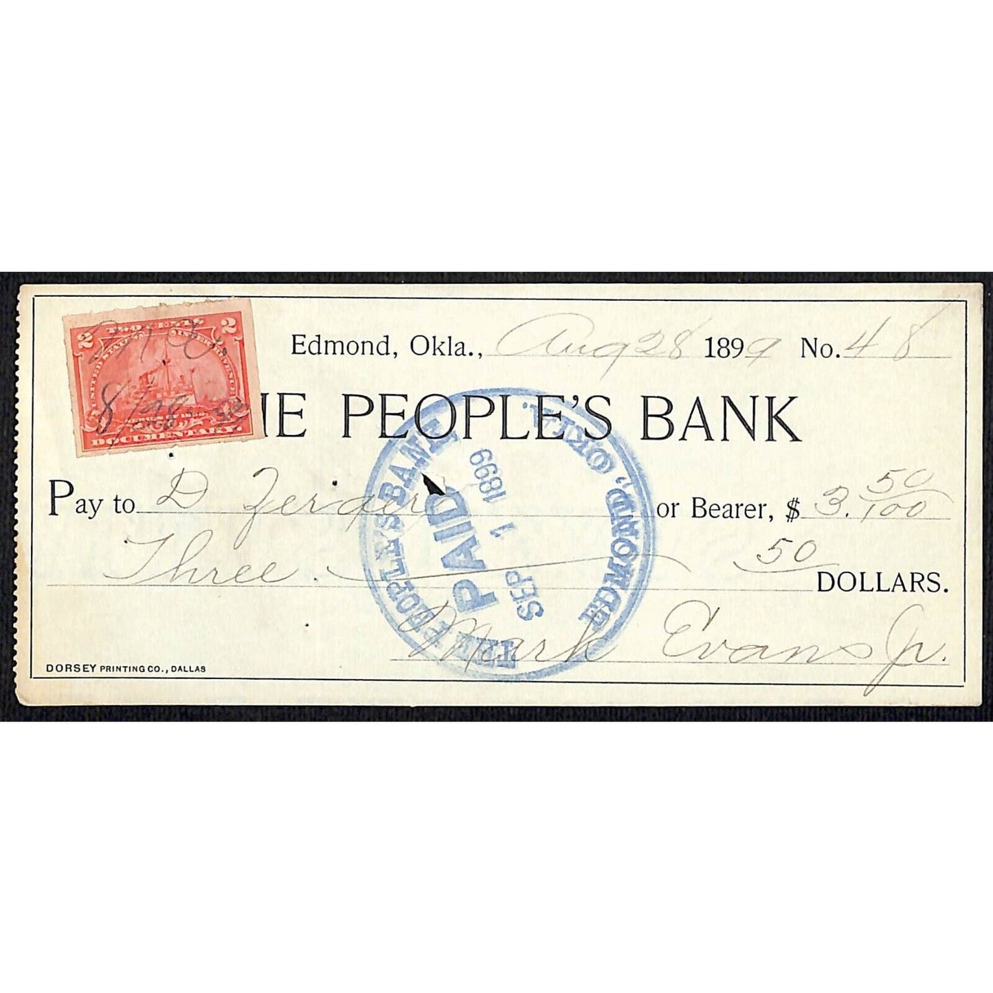 Edmond, OK 1899 Territorial "The People's Bank" Check w/ Tax Stamp - Scarce