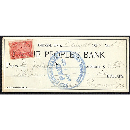 Edmond, OK 1899 Territorial "The People's Bank" Check w/ Tax Stamp - Scarce