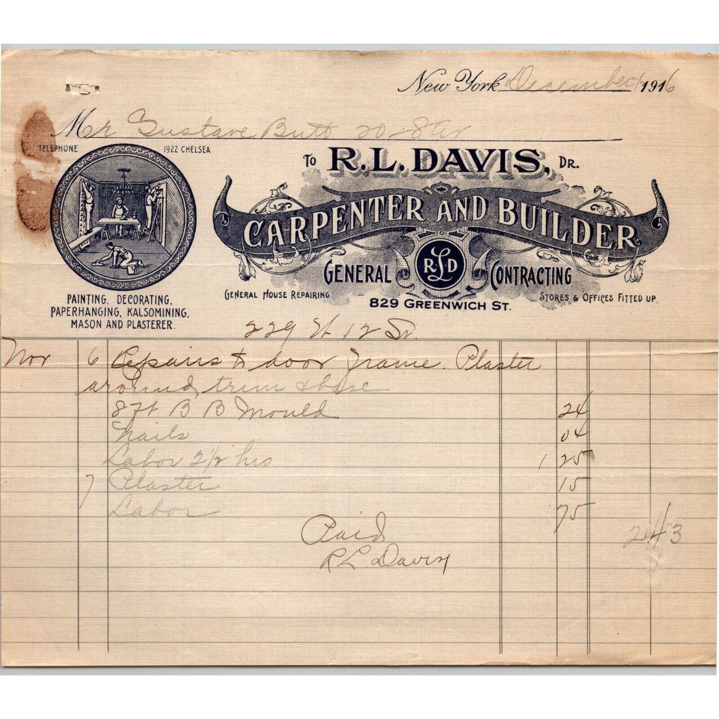 1916 "R. L. Davis, Carpenter and Builder" Billhead Letterhead Greenwich St NYC