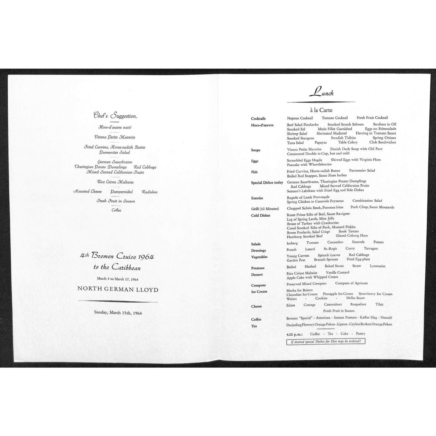 1964 North German Lloyd Bremen Cruise Line Lunch Menu Mar 15