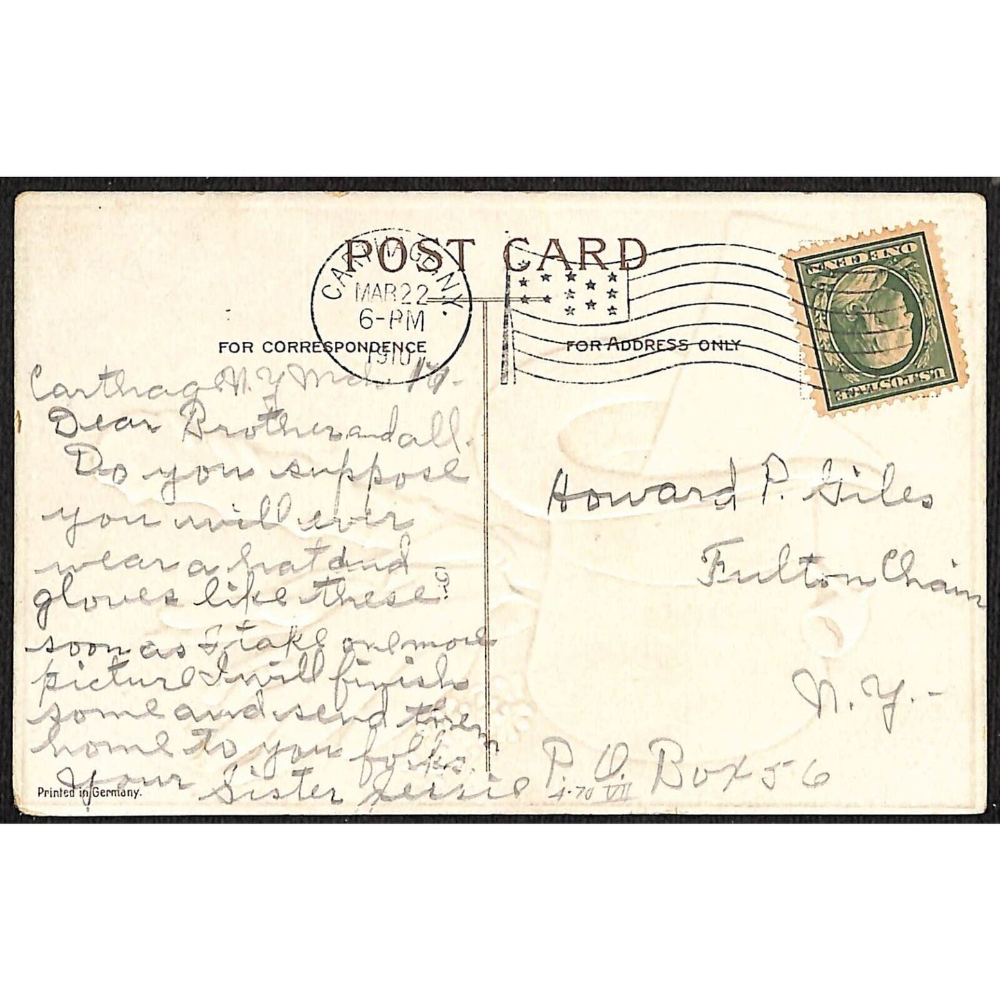 Ireland Postcard Top Hat Gloves Shillelagh Carthage, NY PM 1910