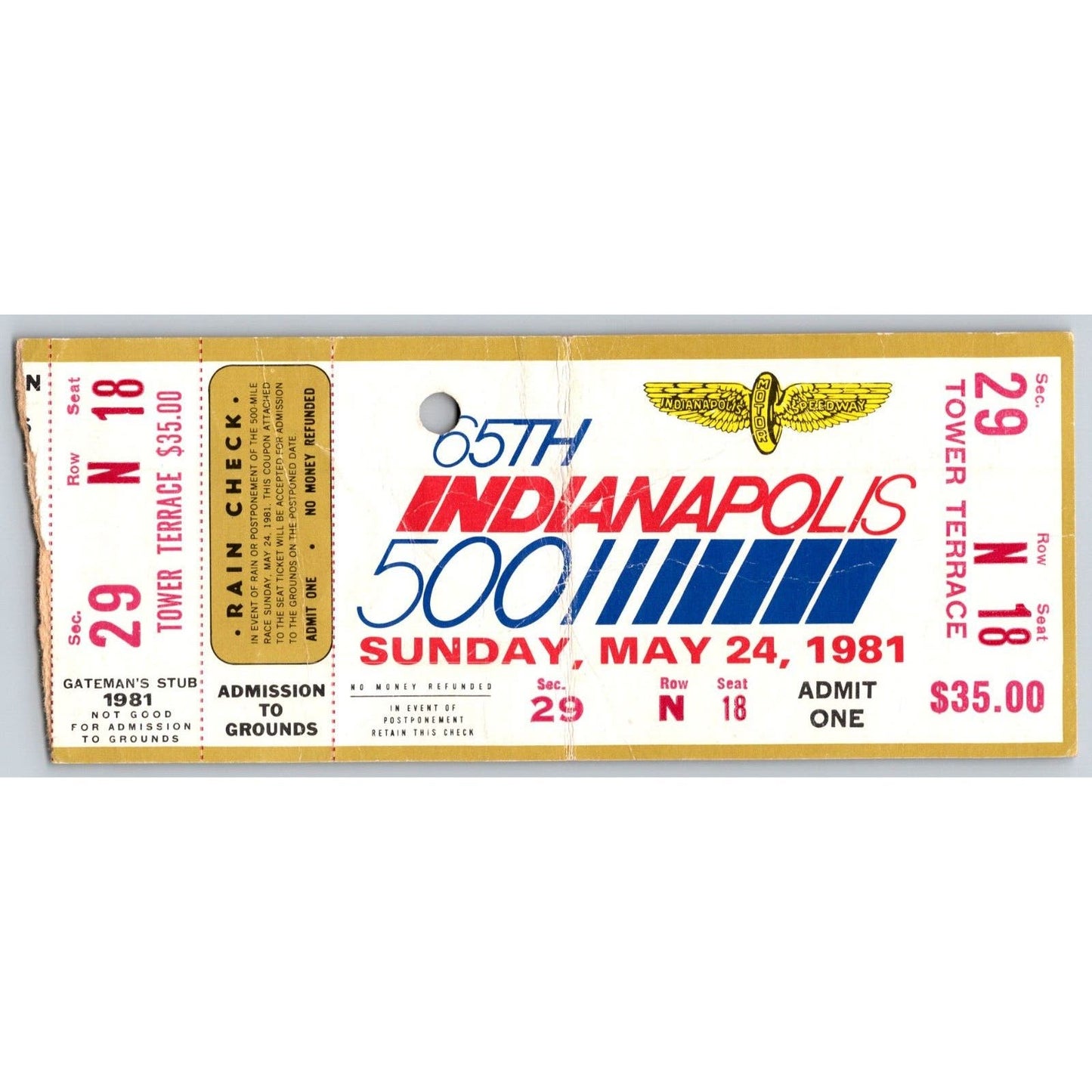1981 Indy 500 Section 29 Ticket Stub - Ron Burton Estate